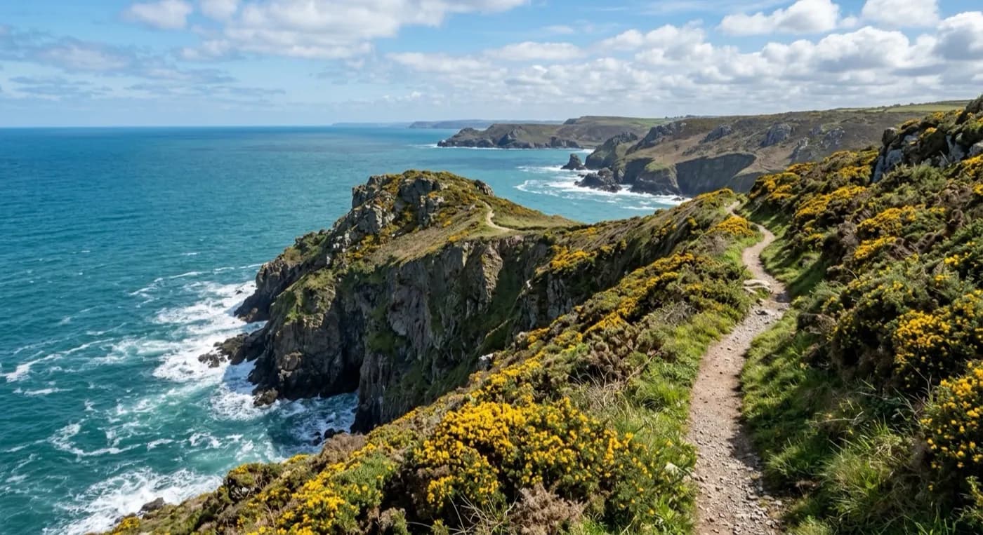 Aerial view of a South West coast path along a cliff edge with gorse either side and the sea below