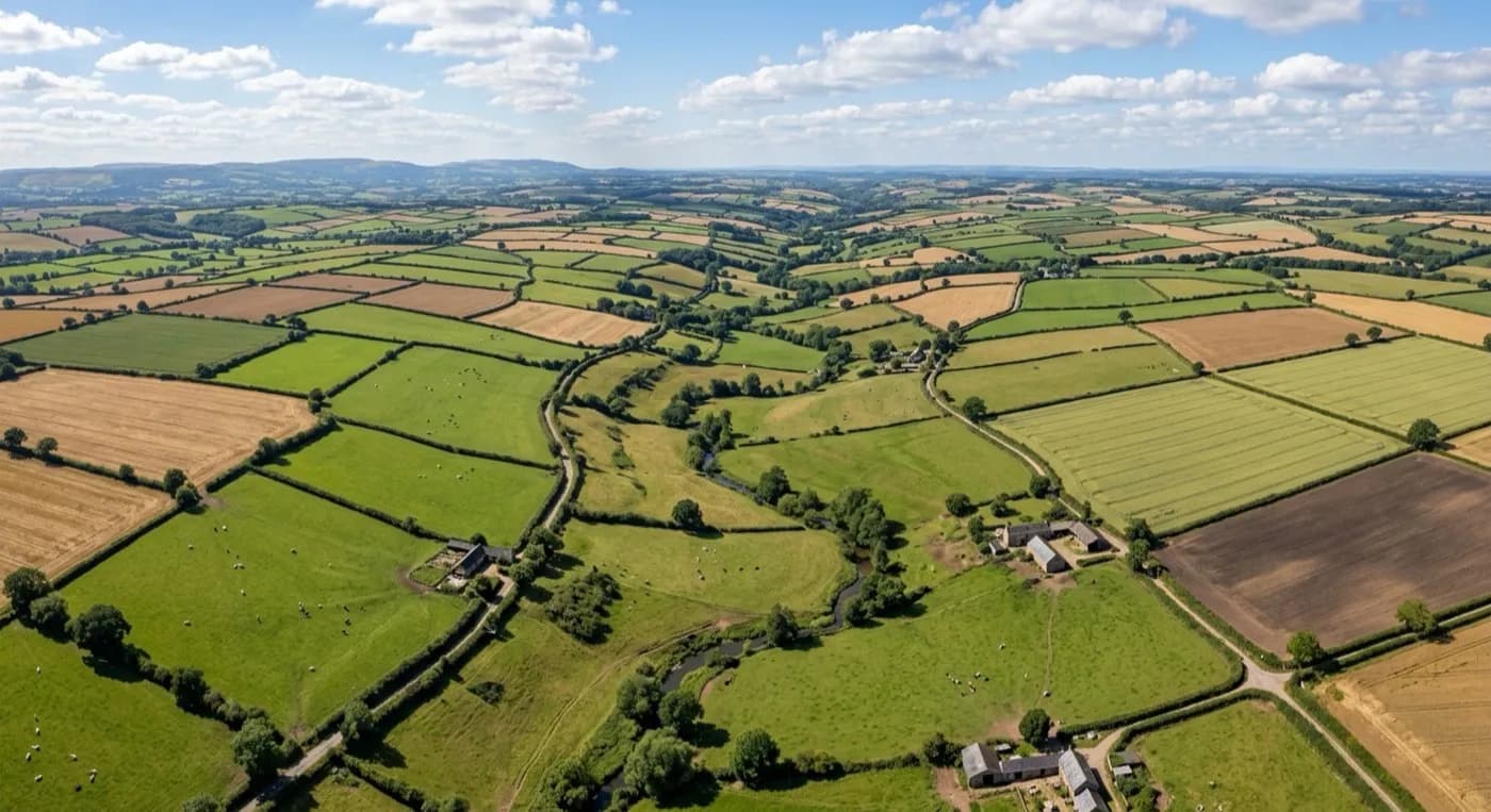 Aerial view of large hedged farmland fields in the Somerset and Devon interior